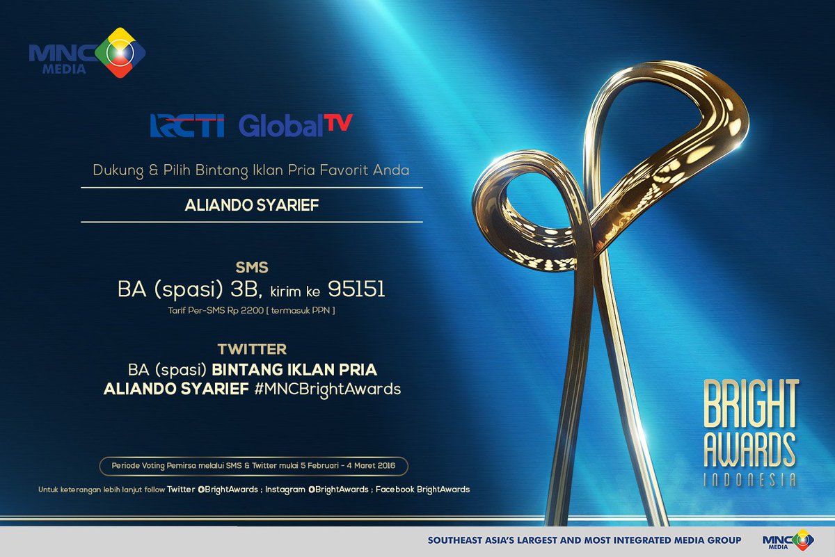 BrightAwards's tweet photo. Dukung Aliando Syarief sebagai Bintang Iklan Pria Favoritmu. SMS: BA(spasi)3B ke 95151 #MNCBrightAwards https://t.co/S8YM54lhOX
