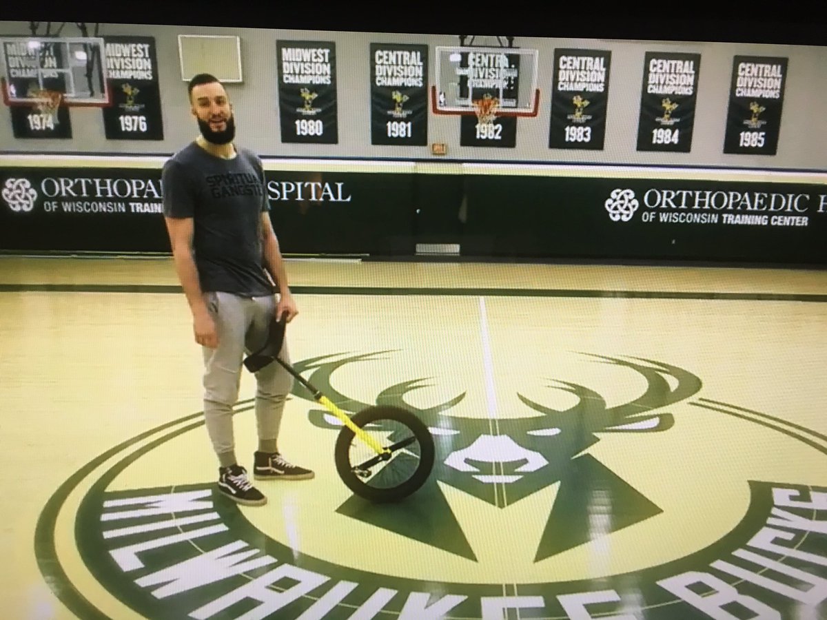 BehindTheBucks's tweet photo. Miles Plumlee repping the Bucks at All-Star Weekend tomorrow on a unicycle! (This is not a joke) https://t.co/VUWby21jUL