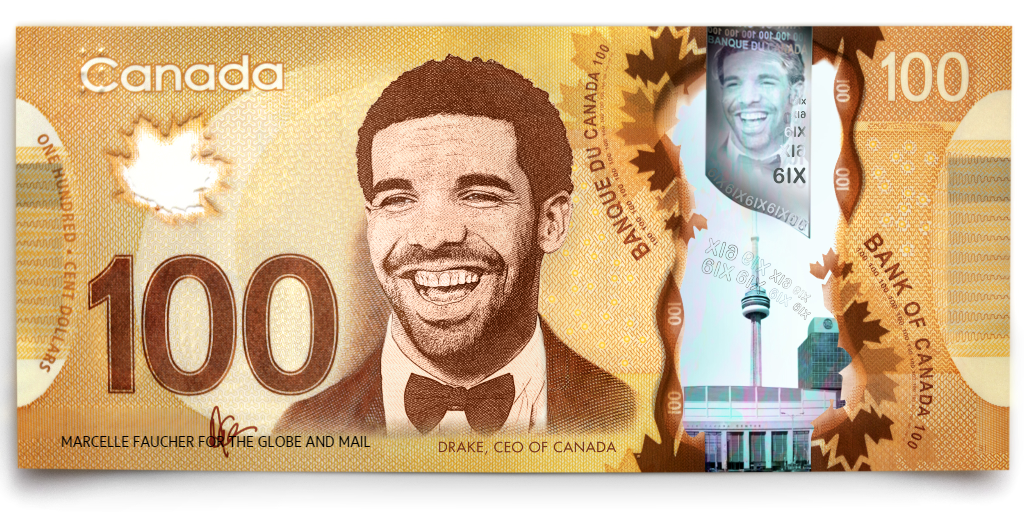 globeandmail's tweet photo. We put @Drake on the $100 bill. Happy Friday! 🍁 https://t.co/NM1u0SuMNi