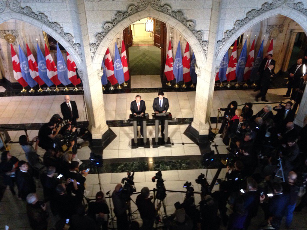 rolandparis's tweet photo. PM Trudeau and Ban Ki-moon at their press conference yesterday. https://t.co/MUAxrJQreq