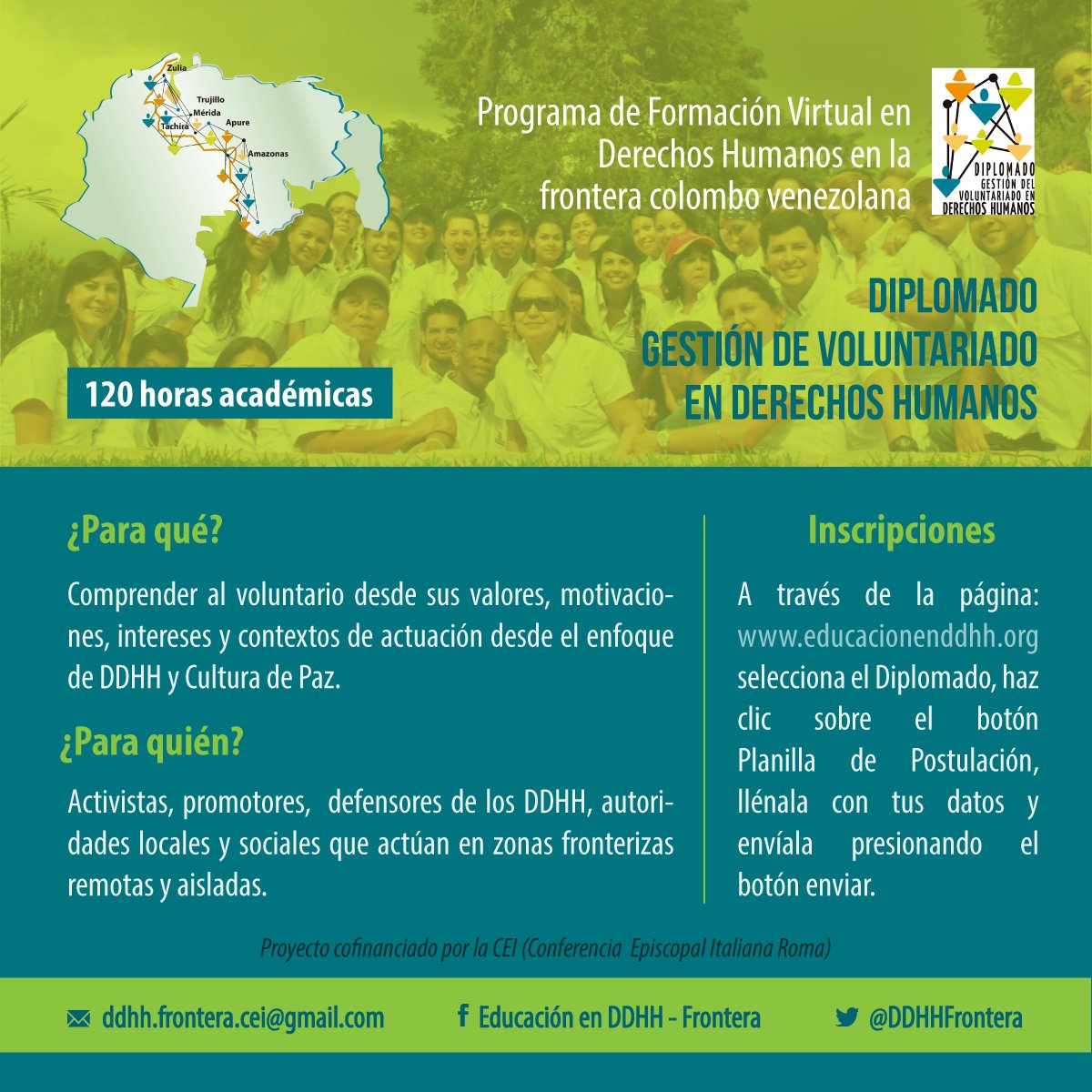 DDHHFrontera's tweet photo. Diplomado "Gestión de Voluntariado en DDHH" de nuestro programa #DDHHFrontera
Inscríbete https://t.co/eeeUnjuUHo https://t.co/6rwk2yZqSq