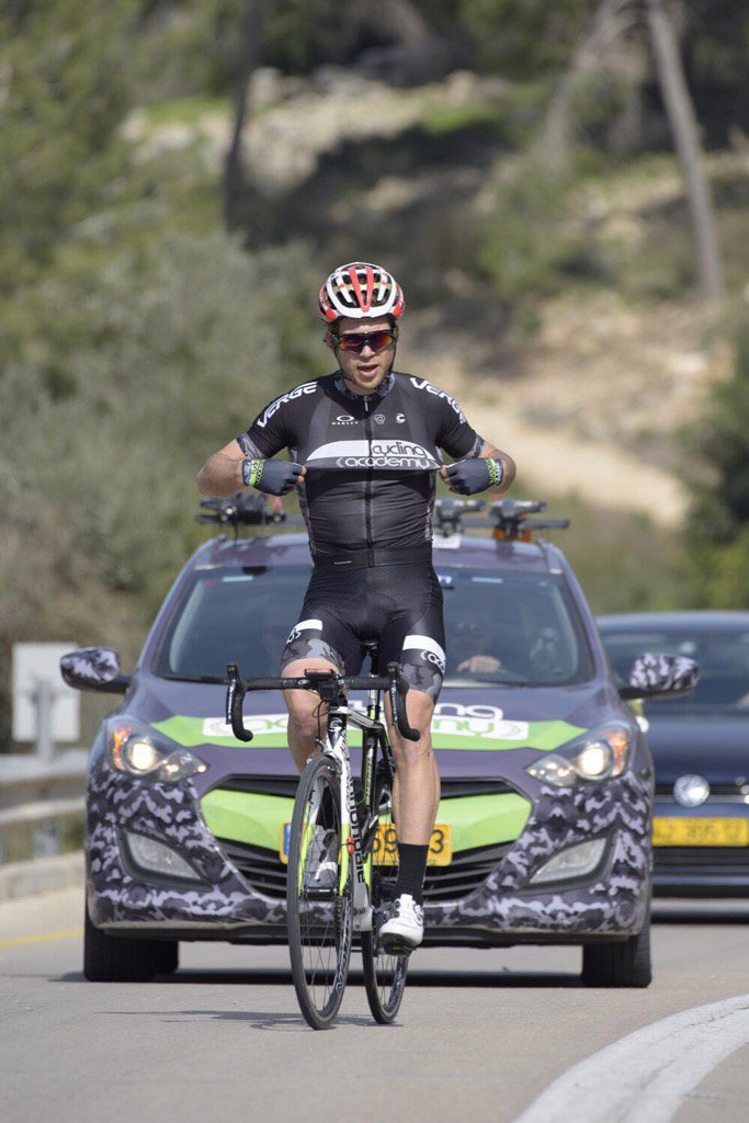 NSNCyclingTeam's tweet photo. An image of a powerful  victor: @Guillaumeboivin approaching the finish line in the Beit Guvrin race in Israel. https://t.co/huNZ2TQdBQ