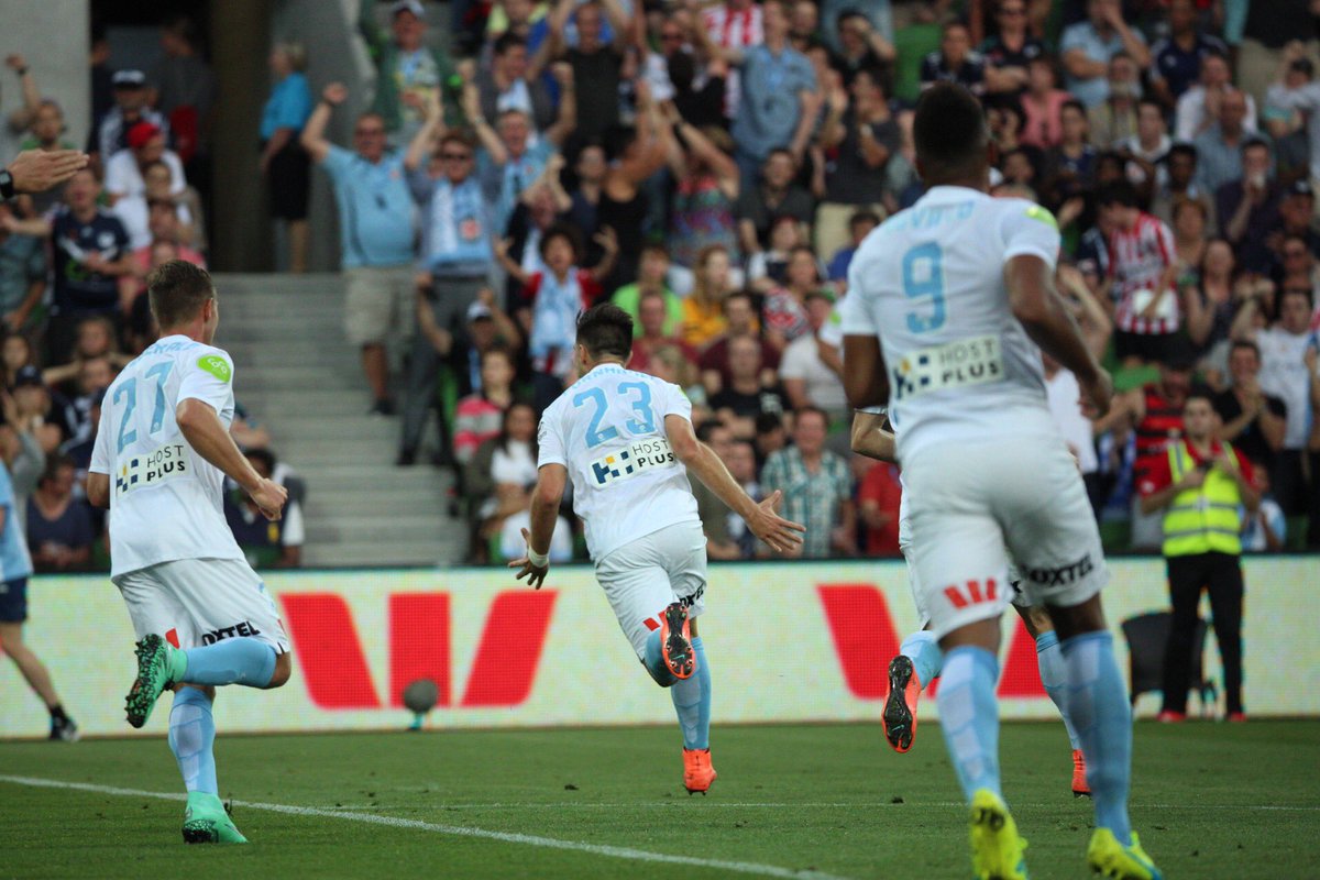 MelbourneCity's tweet photo. 📸 @BFornaroli wheels away in delight after his majestic opener. That's his 17th goal of the season! #MelbDerby https://t.co/A336CoVJo0