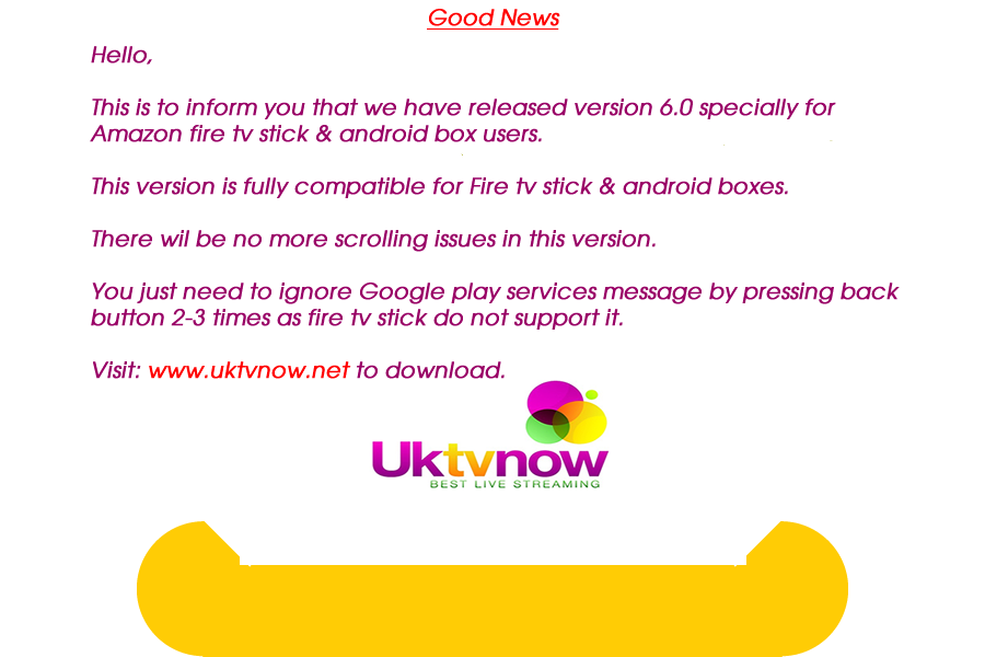 uktvnowapp's tweet photo. Download version 6.0 and side load it on your Amazon Fire TV stick. https://t.co/TKfknBfBlB