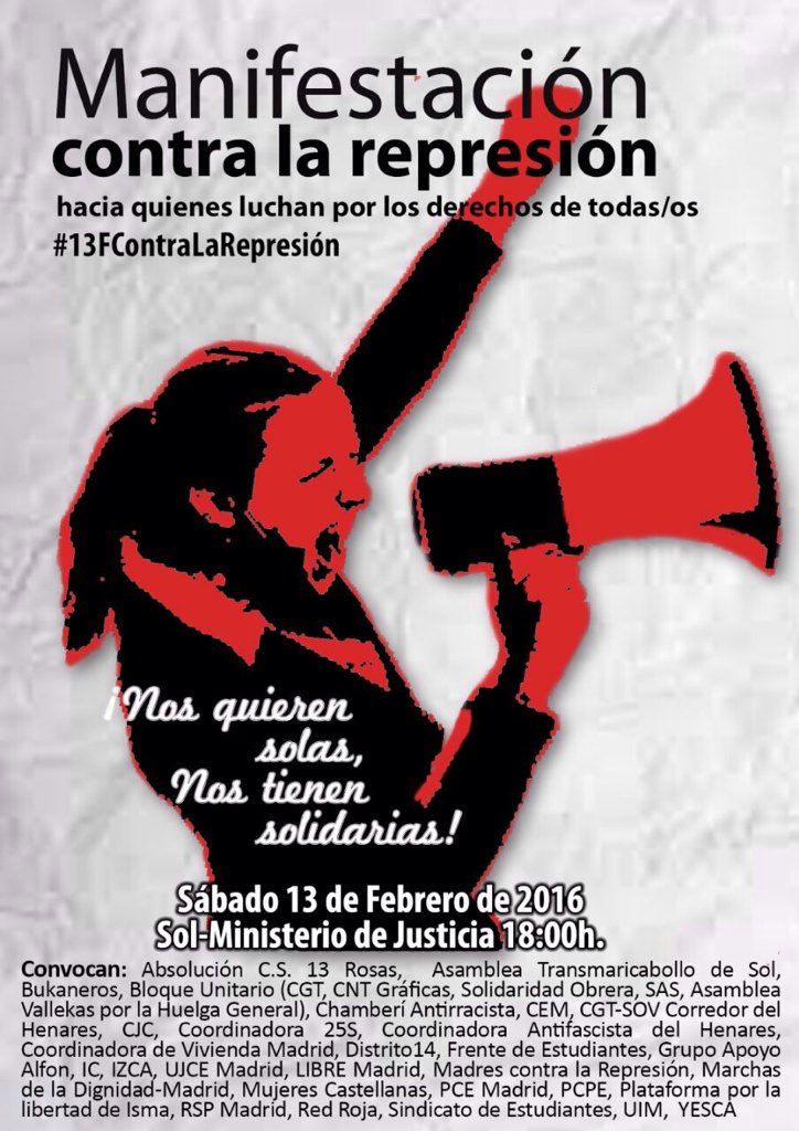 IC_Madrid's tweet photo. Hoy a las 18 en sol, manifestación contra la represión.
#LibertadPresxsPolíticxs 
#AmnistíaTotal https://t.co/R1ece0mVQU
