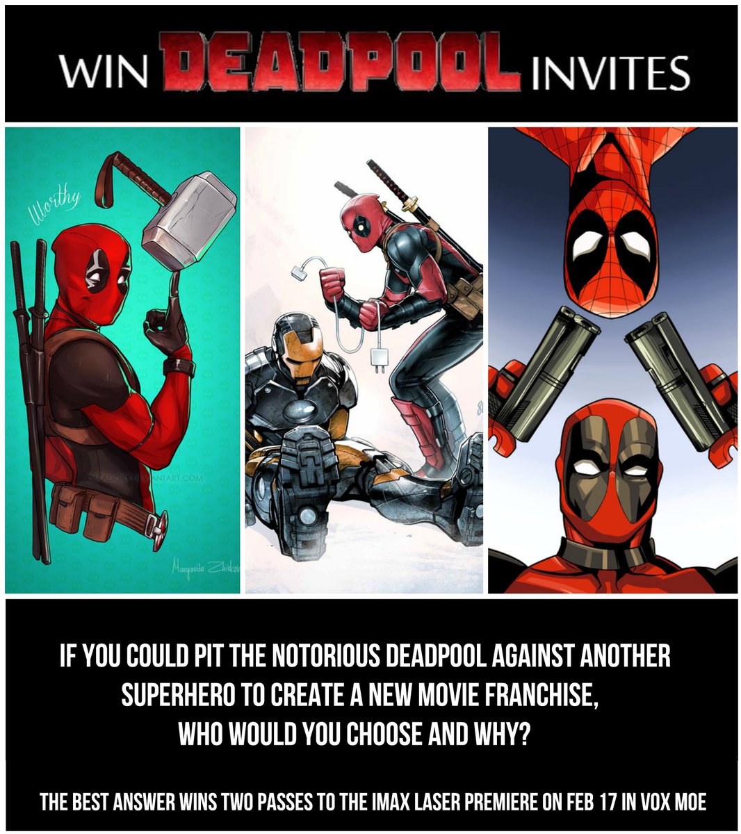 voxcinemas's tweet photo. #DeadpoolAtVOX #IMAXLaser PREMIERE INVITES are here &amp; you've gotta creative to win these! RT &amp; answer this. https://t.co/6sSzERXlOA