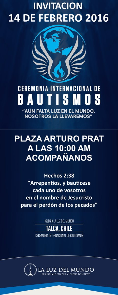 lldmtalcachile's tweet photo. Te invitamos a nuestros bautismos Plaza Arturo Prat 14 y 15 oriente 3 1/2 sur Talca Chile. Te esperamos https://t.co/UWZlOhUCao