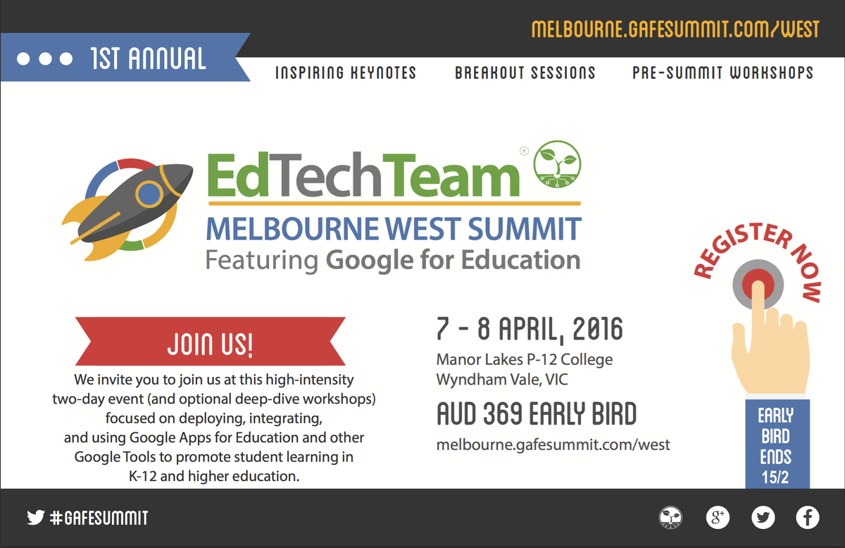 michaelpoke's tweet photo. Early bird rate for @EdTechTeam #GAFEsummit ends in TWO days! https://t.co/SJv07gFIqb #earlybirdcountdown #aussieED https://t.co/psPH0QvDls