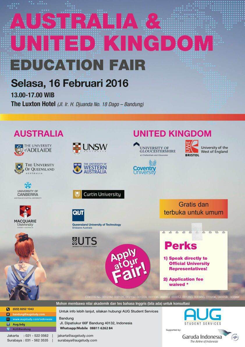 infobdg's tweet photo. TODAY! Pameran Pendidikan AUSTRALIA &amp; INGGRIS di The Luxton Hotel BDG 1-5 PM | Follow @AUGBandung for detail https://t.co/NeYCWQGX3q