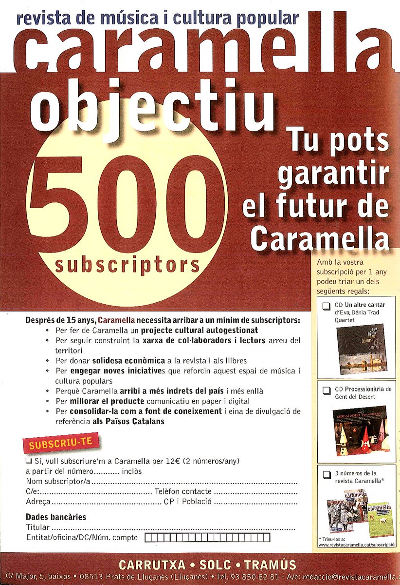 RevCaramella's tweet photo. Encara no sou subscriptors de la #RevistaCaramella? #Objectiu500 #Música i #CulturaPopular #Carrutxa #Solc #Tramús https://t.co/m80m33L8pi