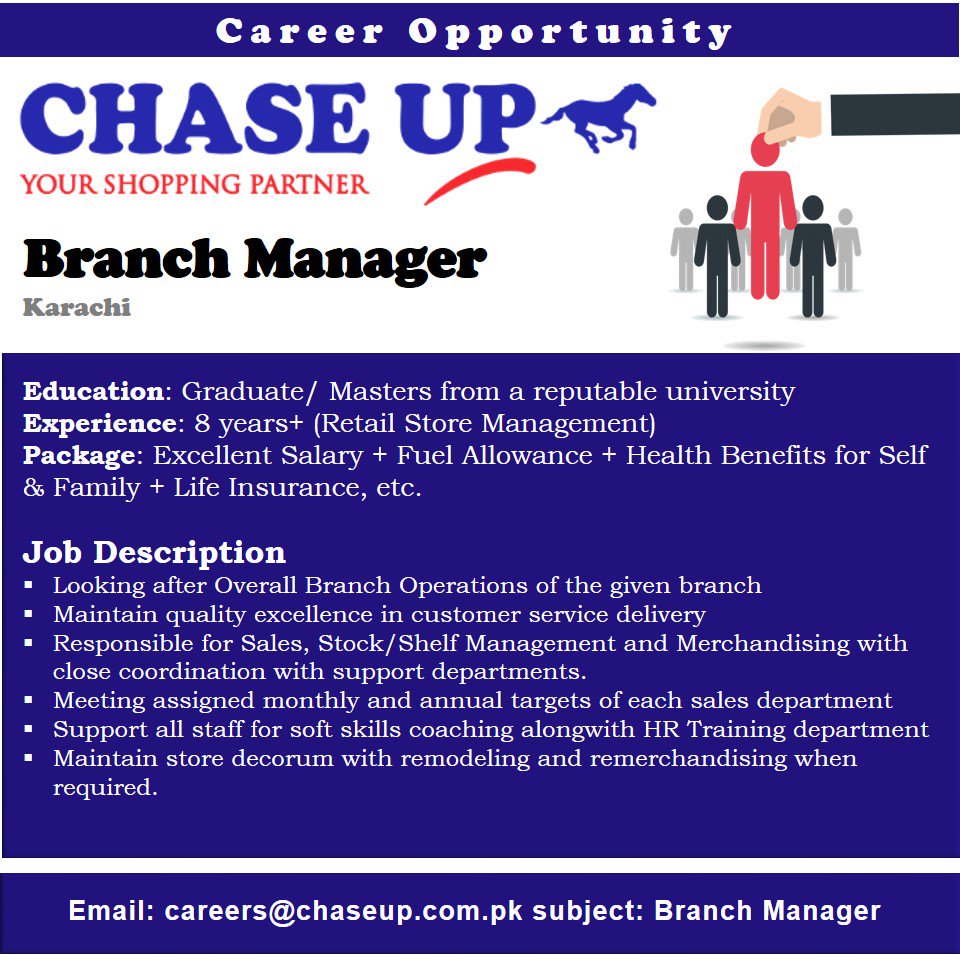 CHASEUPCareers's tweet photo. Urgently required Branch Manager at CHASEUP with excellent experience of Retail Store Management. https://t.co/osbQKxDybR