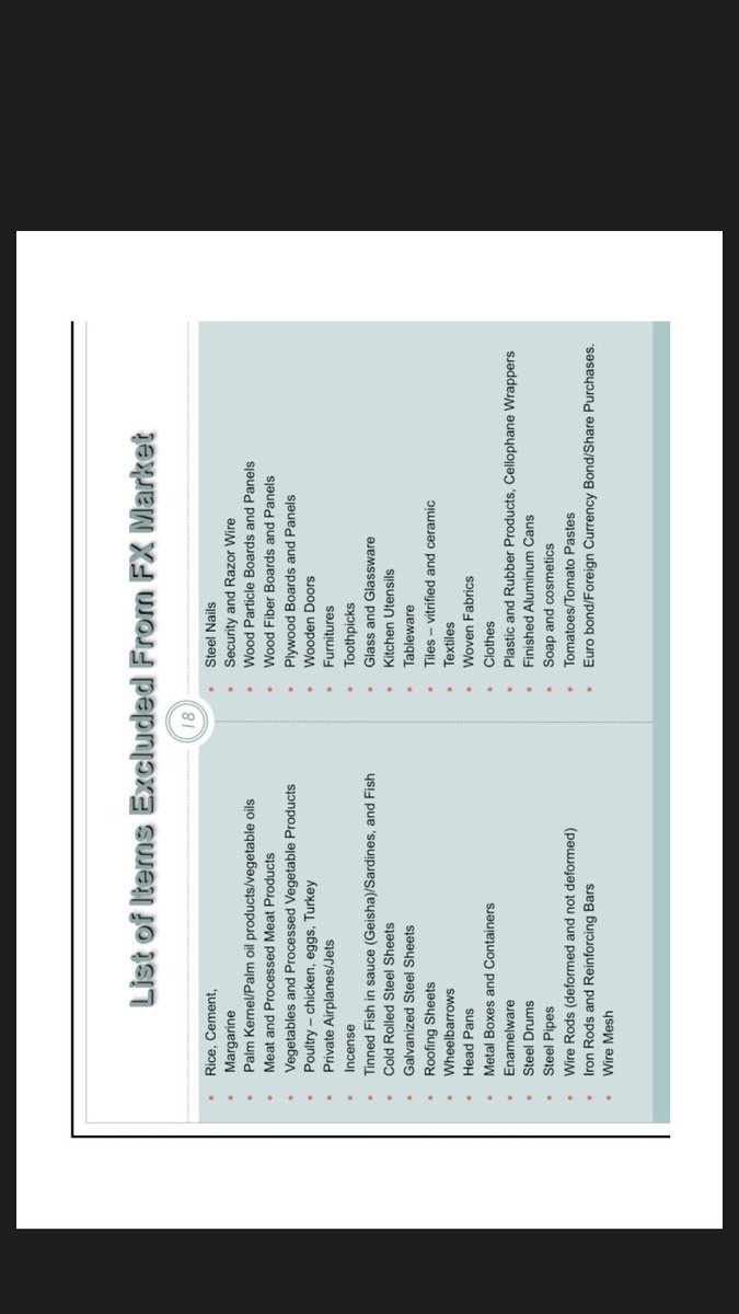 bukolasaraki's tweet photo. list of items excluded from accessing Forex. If only we can get more Nigerians to #BuyNaijaToGrowTheNaira https://t.co/gM9Oc8MITK