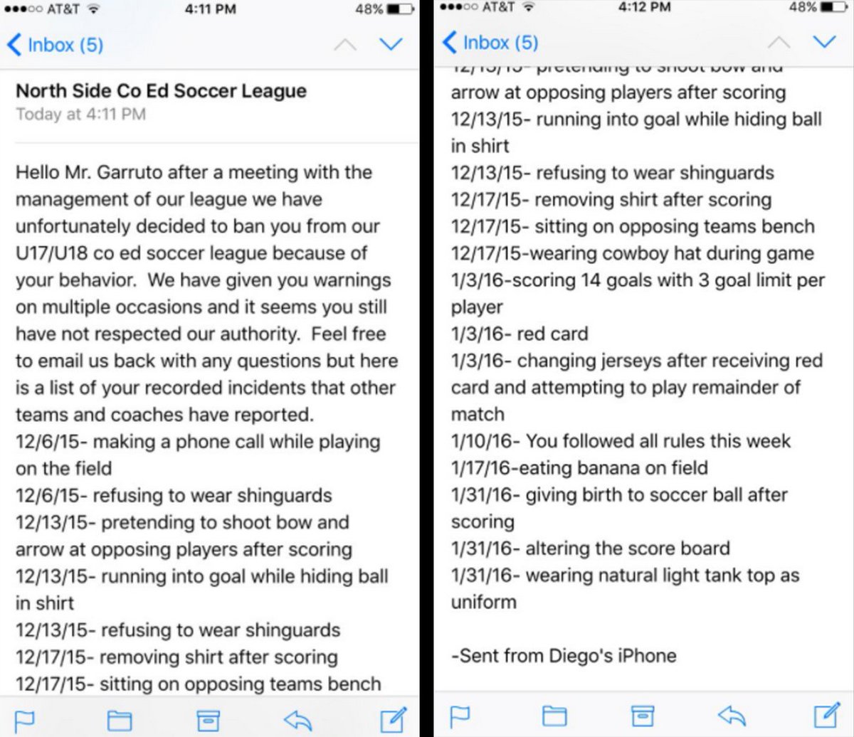 NBCSportsSoccer's tweet photo. Cleveland teen kicked out of U17/U18 co-ed soccer league for many, many infractions. (via Jordan Heck) https://t.co/rN3GxTk4Gz