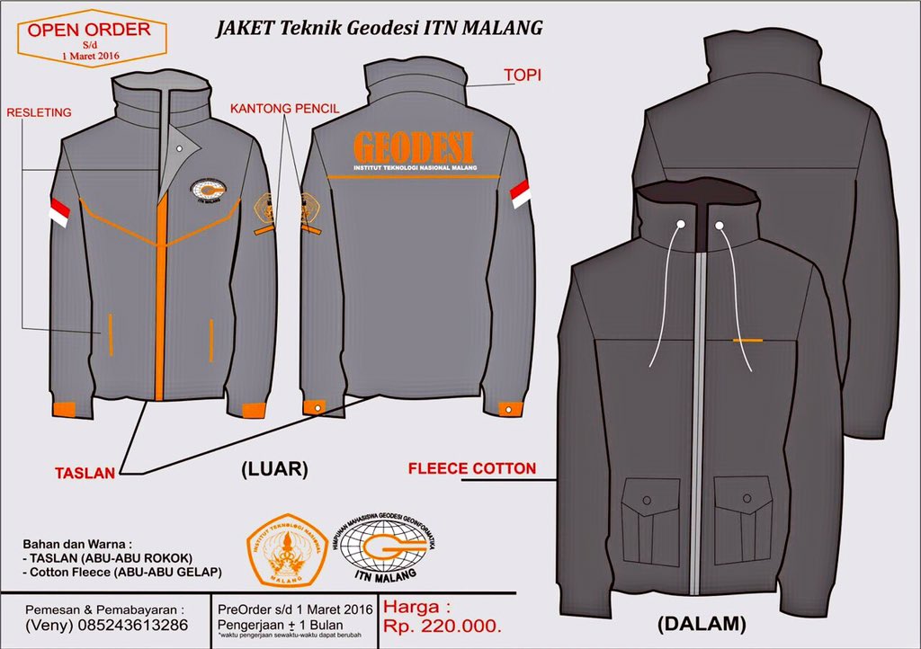 Ada yang minat ?
Tahun 2016 ini Jaket Jurusan Teknik Geodesi ITN Malang Open Order kembali loh !!!