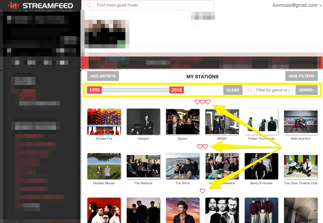 StreamFeedFM's tweet image. Your visual music dashboard. Rate your artists. Filter by date or genre 👍