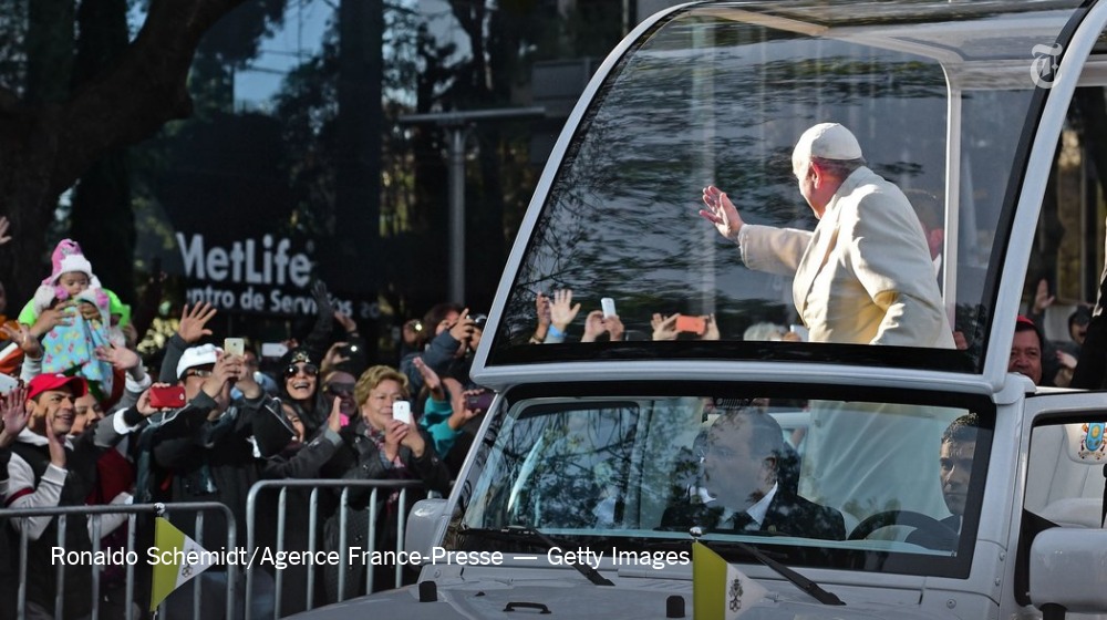 nytimes's tweet photo. Pope Francis is in Mexico to speak for the powerless, but was met with pomp and circumstance https://t.co/VsHSIC3ztl https://t.co/PtIdmkyBCR