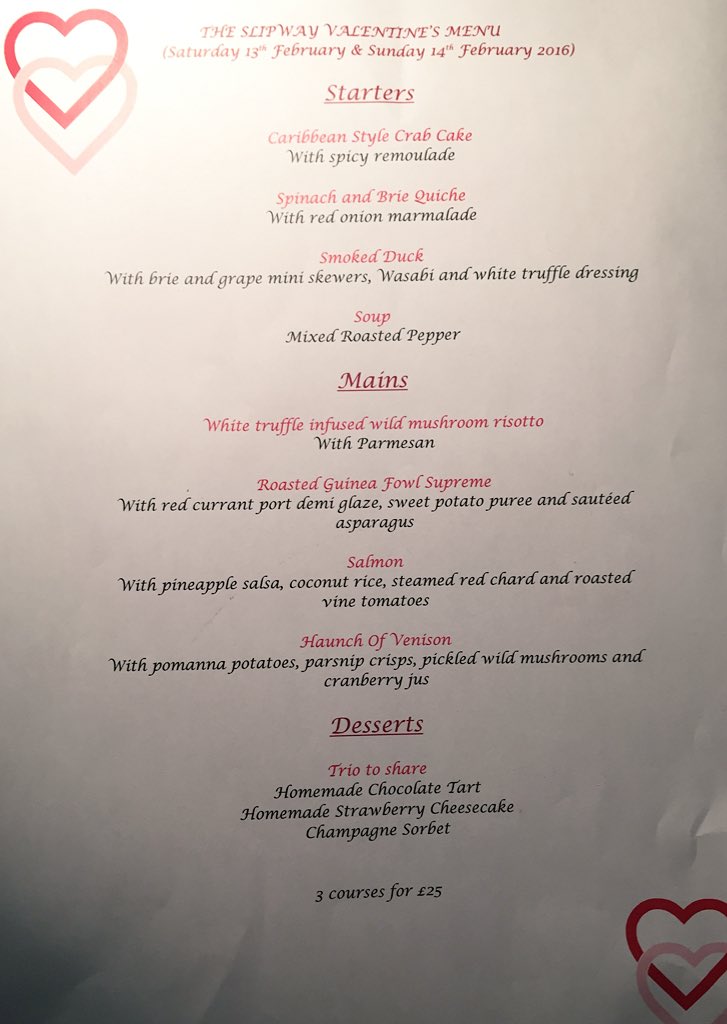 Happy Valentines Day! Two nights only our 3 course menu priced at £25 pp ❤️