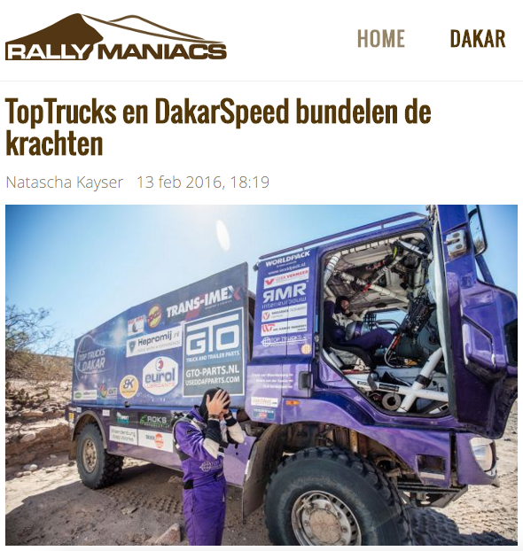 teamtoptrucks's tweet photo. "TopTrucks en DakarSpeed bundelen de krachten"
Lees meer: https://t.co/RRidoVLqVv
#Dakar2016 #Dakar2017 https://t.co/6qXn2GUgZZ