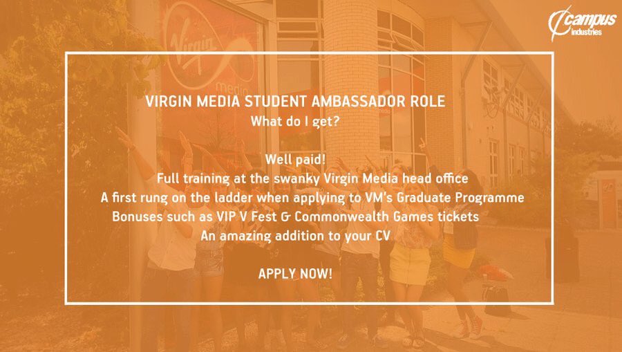 Virgin Media Brand Ambassador job applications are now open!

APPLY HERE: virg.in/bJVXE

#StudentJobs