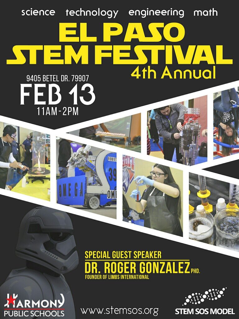 HSAElPaso's tweet photo. Make sure and visit our 4th annual STEM Festival today starting at 11 AM! #ApplyHarmony #STEMTroopers #STEMSos https://t.co/lFshpIiRvX