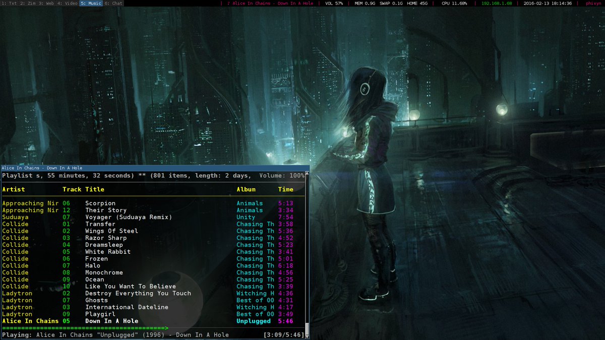Phixyn's tweet photo. Finally got around to installing Mopidy and NCMPCPP. Now I can even get Spotify metadata to put in my i3 bar! Crisp! https://t.co/6pB70mbyU1