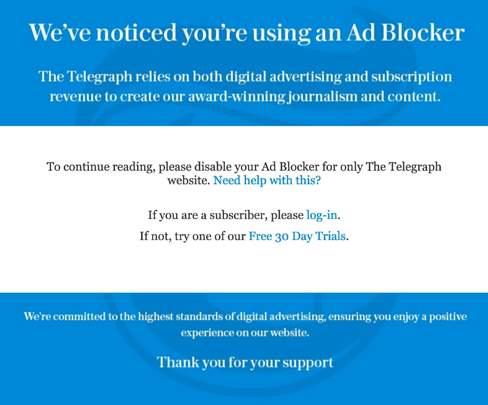 jplomas's tweet photo. Hi @Telegraph I don’t have a popup blocker but keep getting this, can you help? https://t.co/wJrGoyD4ep
