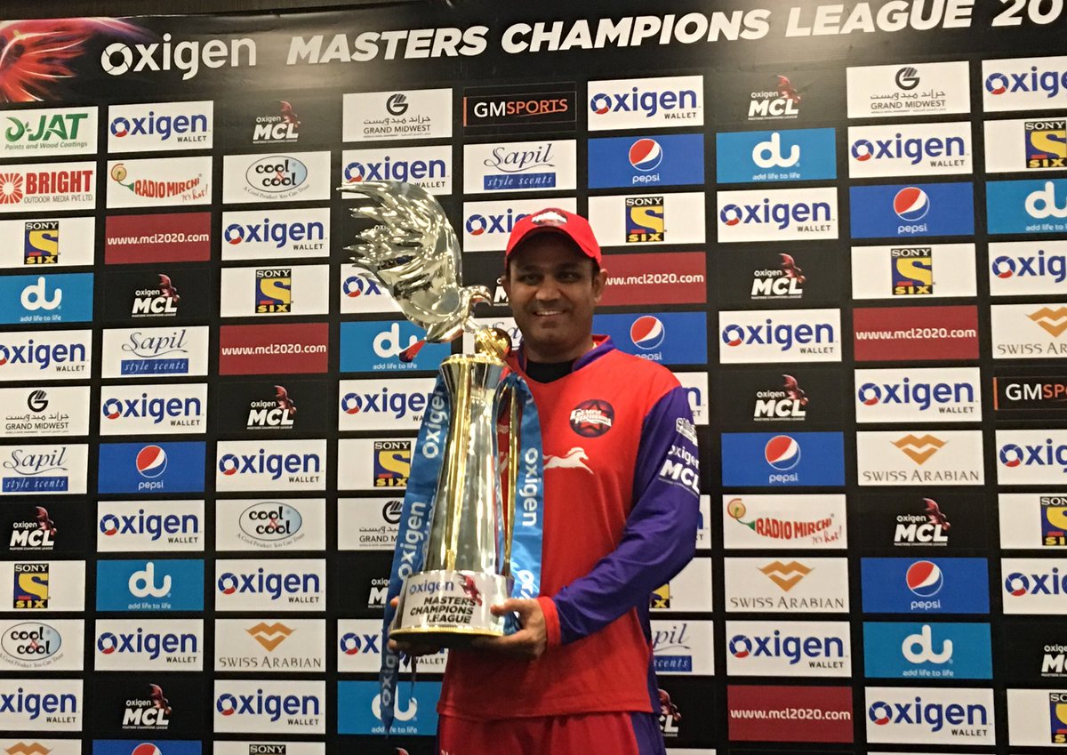 The first #MCL2020 winning captain, <a href="/ArabiansMCL/">Gemini Arabians</a>'s <a href="/virendersehwag/">Virrender Sehwag</a>! #MCLFinal