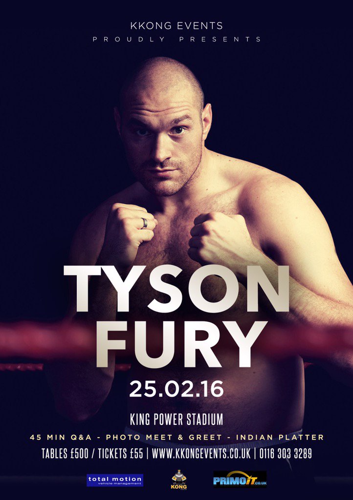 KongEvents's tweet photo. WBC @Tyson_Fury will be in #Leicester 25-2-16 don't miss meeting this boxing legend,get ur  tickets frm @eventbrite https://t.co/1cgKQfjDVf