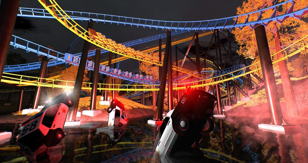 nolimitscoaster's tweet photo. Police cars were no match for Maxk's Dueling Corkscrews #NoLimits2 #ScreenShotSaturday #indiedev #gamedev #indiegame https://t.co/gOH3cOim9x