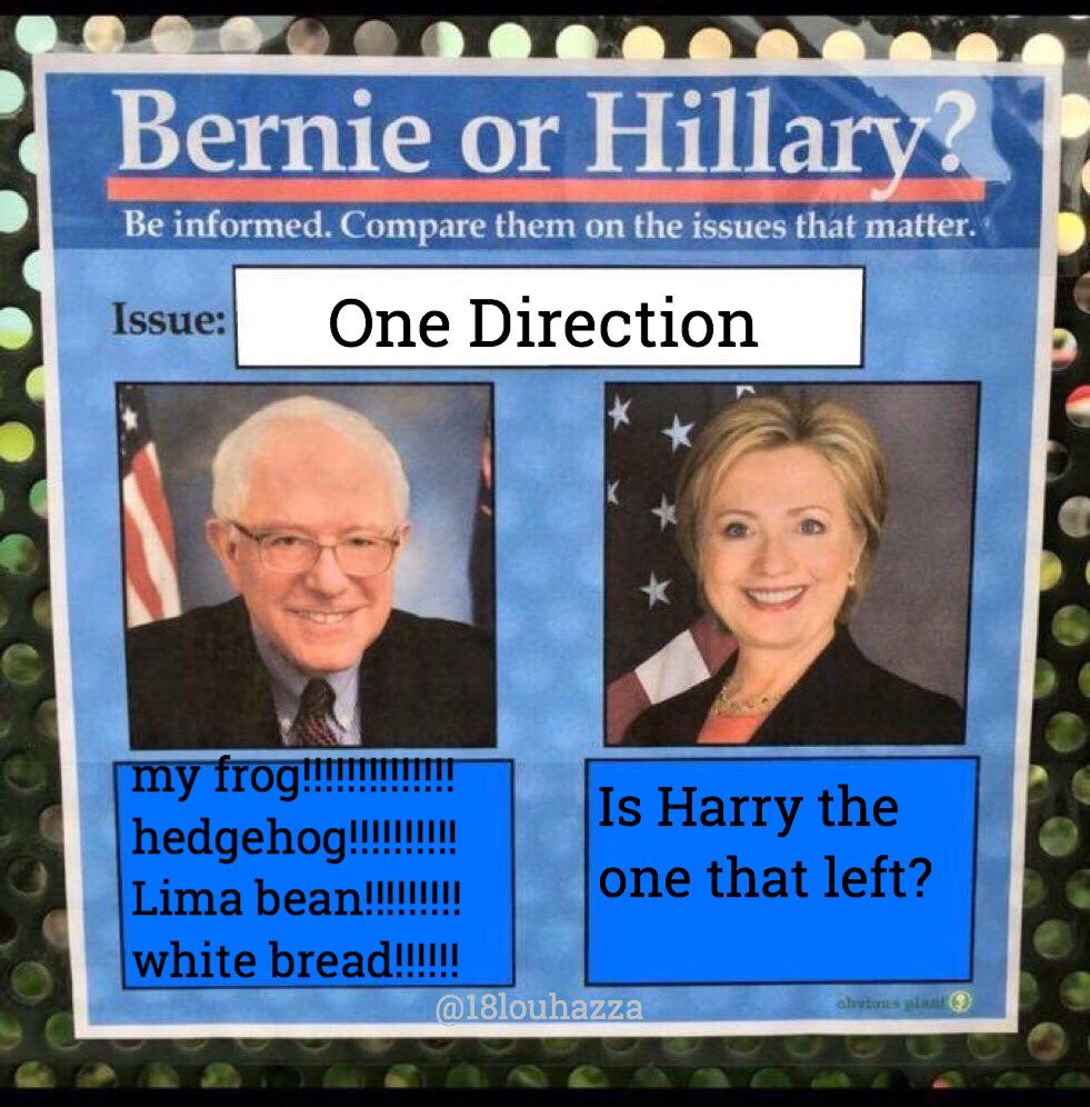 18louhazza's tweet photo. One Direction version of Bernie vs Hillary
#FeelTheBern https://t.co/AOe1jfvRY3