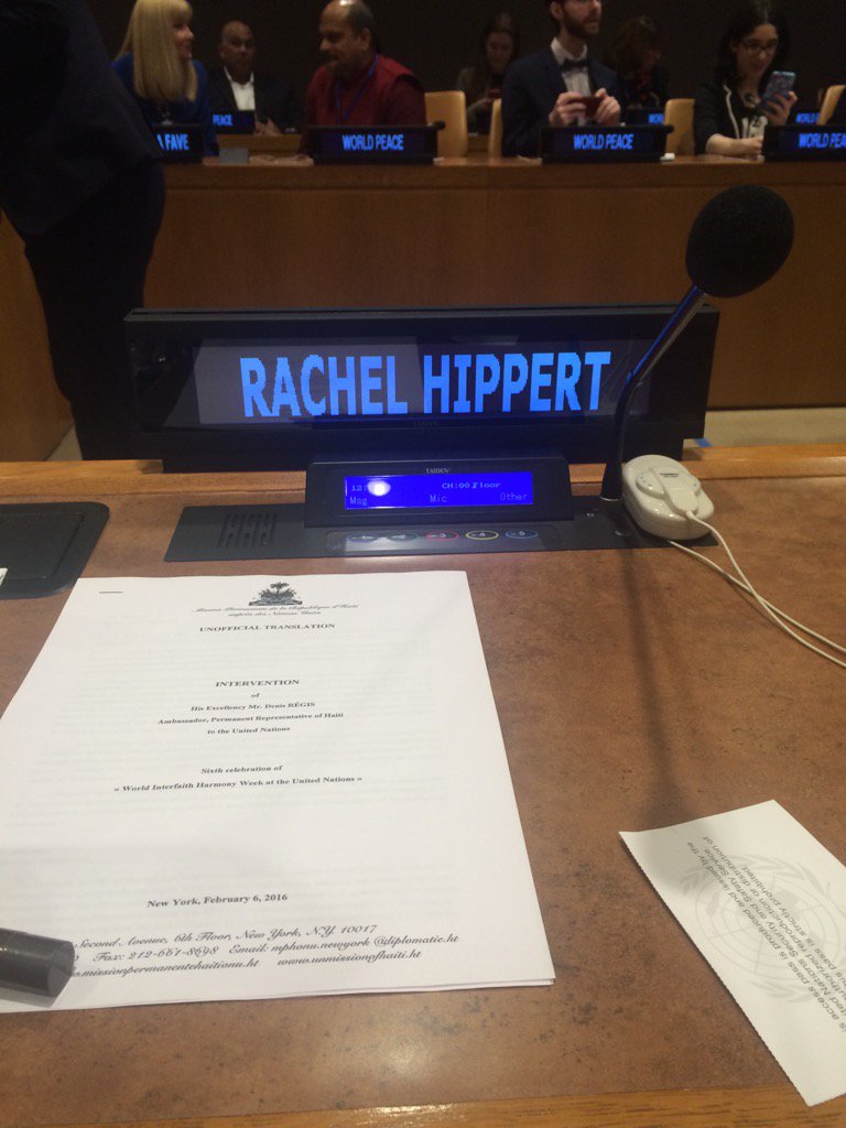 rachelhippert's tweet photo. Looks like I failed to mention that I sang at the UN last week. For world peace. Notice the name plate. Nbd. #HWLP https://t.co/t2rT8fnDqa