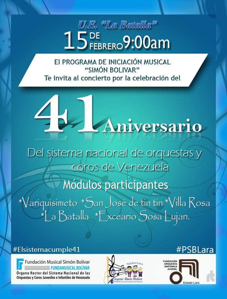 ModLaBatalla's tweet image. Proxima celebracion del ANIVERSARIO #41 del Sistema Nacional de Orquesta en nuestro MODULO LA BATALLA !!!