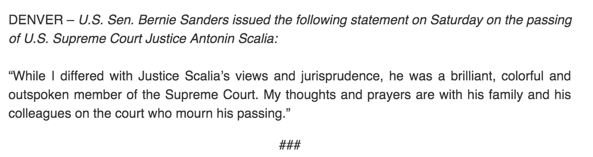 BernieSanders's tweet image. My thoughts and prayers are with Justice Scalia's family and his colleagues on the court who mourn his passing.
