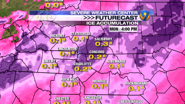 wsoctv's tweet photo. Monday's futurecast shows ice accumulation on top of the snow. #CLTIce https://t.co/Typ2y0J5dx