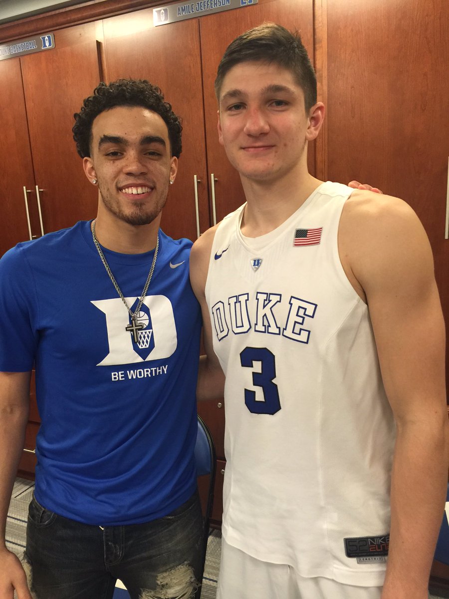 DukeMBB's tweet photo. Need a CLUTCH bucket late against UVA? 📞 one of these guys @Tyusjones06 @GraysonJAllen 💦💦💦 https://t.co/ZbChc1qldR