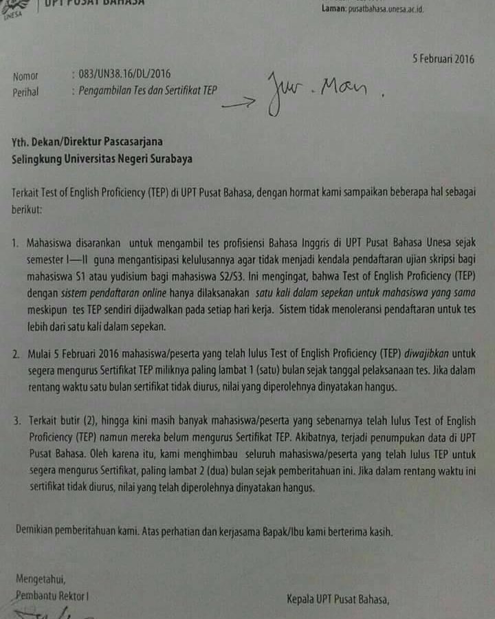 Unesa_FBS's tweet photo. Info dari UPT Pusat Bahasa Unesa mengenai Test English Proficiency (TEP) https://t.co/cQlNhzmdKJ