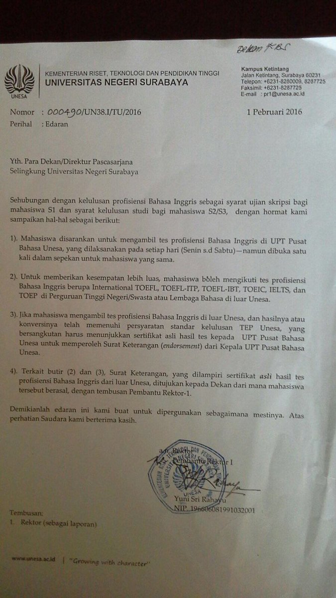 Info dari UPT Pusat Bahasa Unesa mengenai Test English Proficiency (TEP)