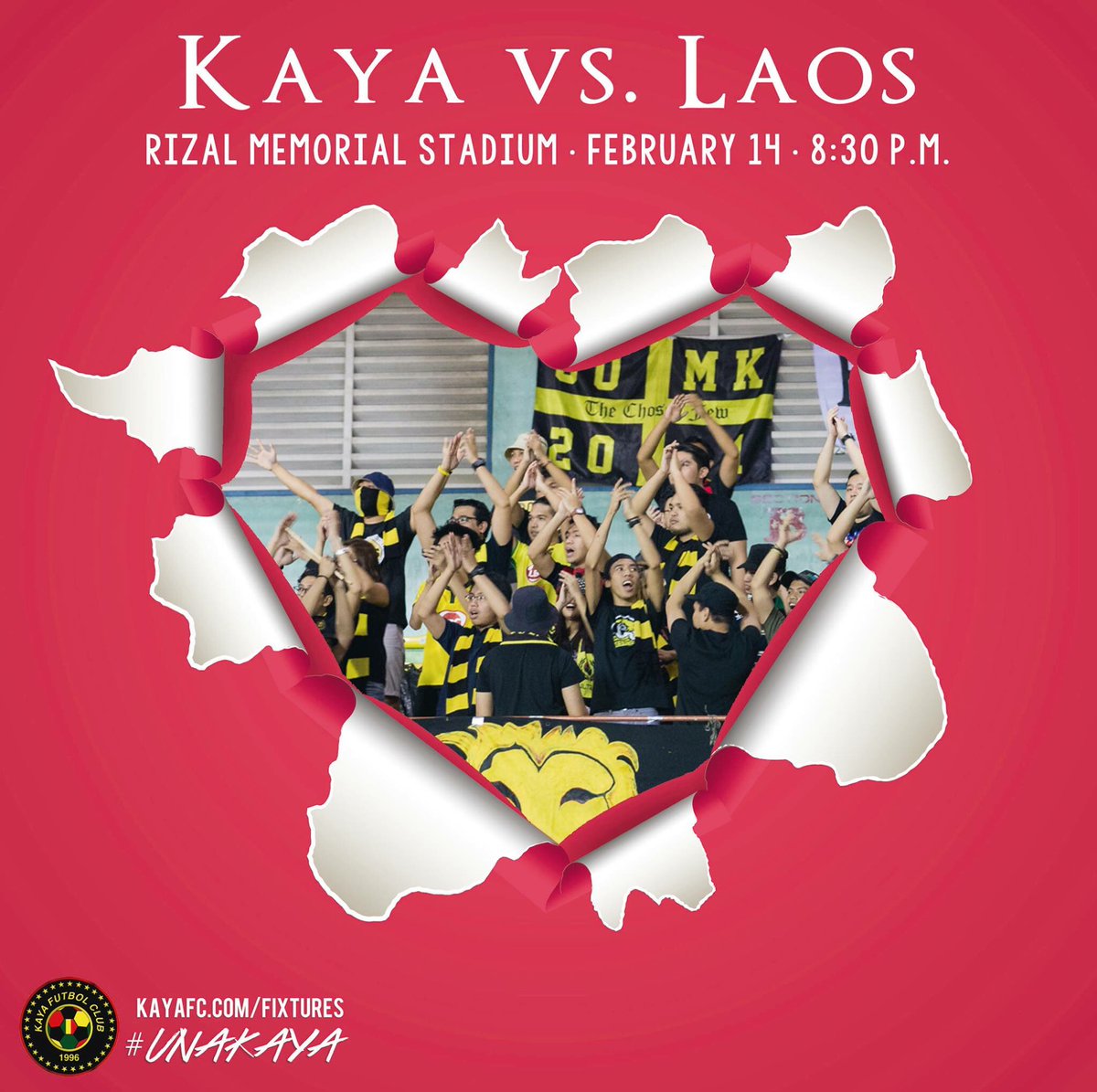 KayaFC's tweet photo. Game day and Valentine's Day! Kaya vs. Laos at 8:30 p.m. Show us some love! See you! Free admission. #UnaKaya https://t.co/asbnNX6Rfe