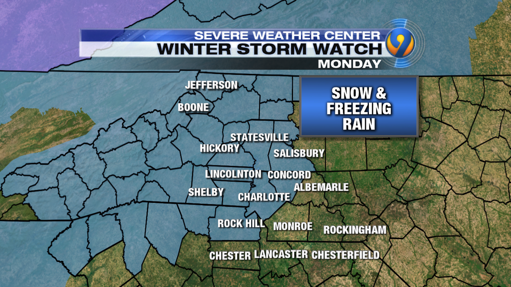 wsoctv's tweet photo. WINTER STORM WATCH issued. Eastern counties not in yet but that will likely change. Stay tuned for latest #CLTIce https://t.co/a0BBQ3Xhkv
