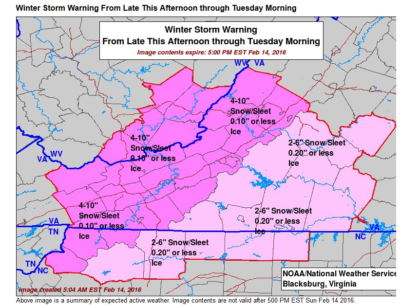 NWSBlacksburg's tweet photo. *** WINTER STORM WARNING IN EFFECT *** Winter Storm Warning has been issued for this evening through Tue morning. https://t.co/m98clQ0pss