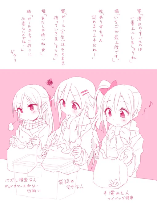 「レジ袋にきれいに商品詰めるの難しいですよね」っていうイラストに申し訳程度のバレンタイン要素付け足しました 