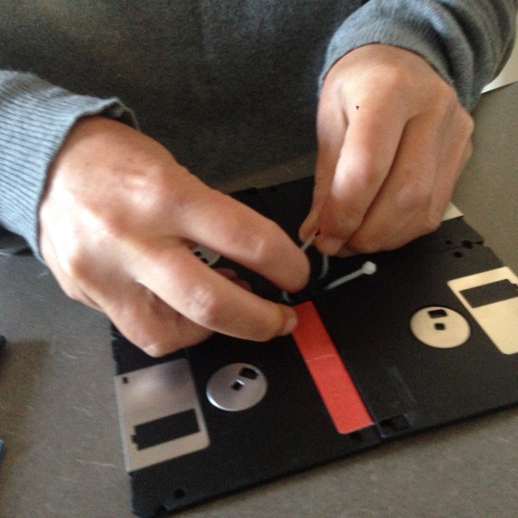 maudeygirl's tweet photo. Floppy disc dress project enters the design/experimental phase. @wendwarge #redundanttech https://t.co/0z25XL2ME5