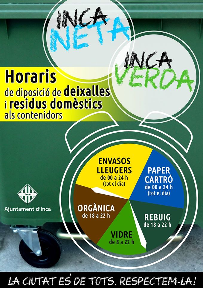 incaciutat's tweet photo. Recordau els horaris de diposició de deixalles i residus domèstics #incaneta https://t.co/BVCzKFVzU8