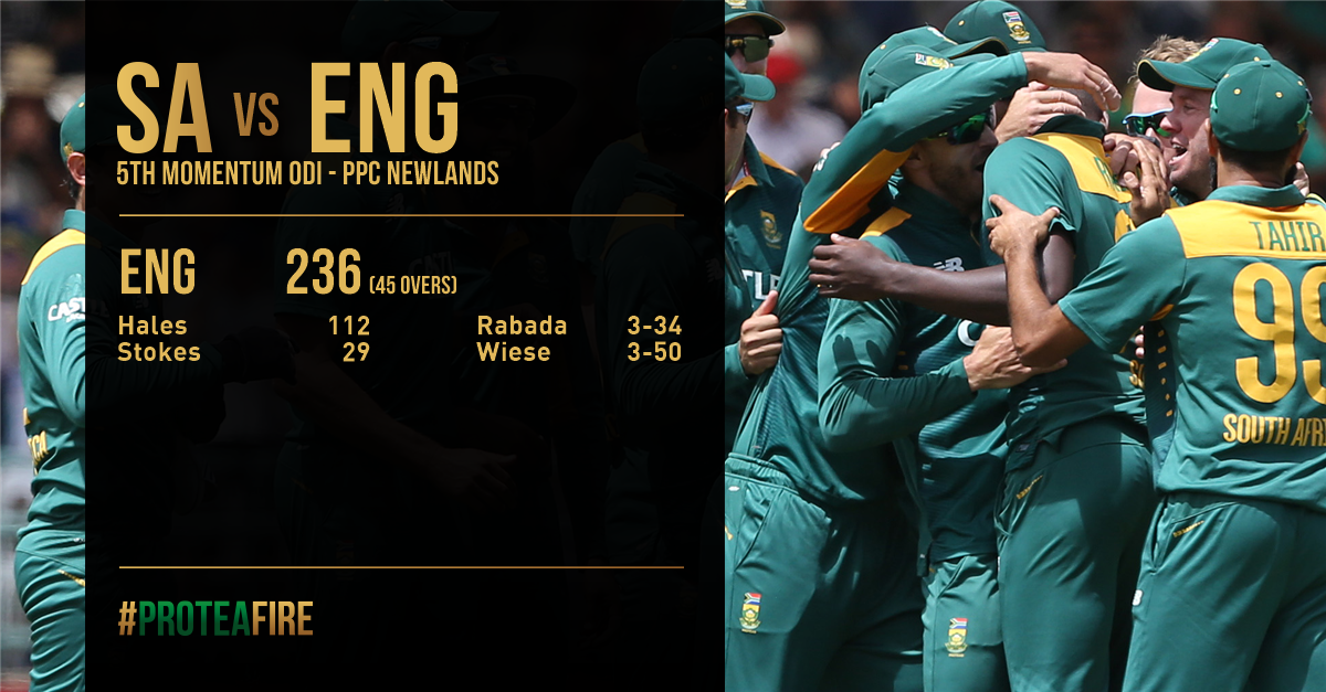 ProteasMenCSA's tweet photo. So, SA have done the job. 237 to win the series and complete remarkable turnaround #ProteaFire #MomentumODI #SAvENG https://t.co/rLm0qxenj6