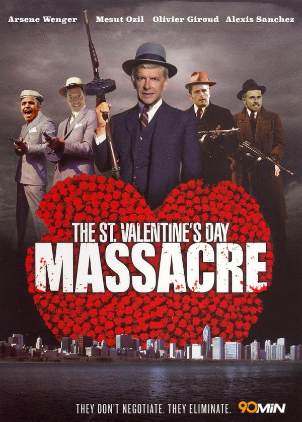Bolanet's tweet photo. #LiveBolanet Just for Fun! Film: The St. Valentine's Day Massacre. Bintang: Wenger, Ozil, Giroud dan Alexis. https://t.co/wSFfkk9gCT
