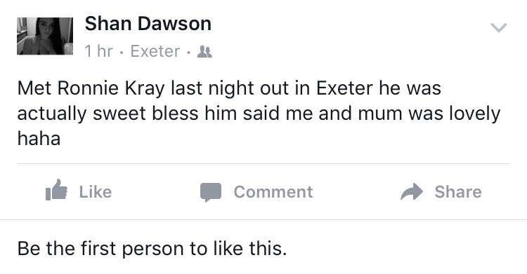 BethGoodman_x's tweet photo. You know when you meet a dead London gangster out in Exeter. Standard stuff. https://t.co/7nKvgNV2c2