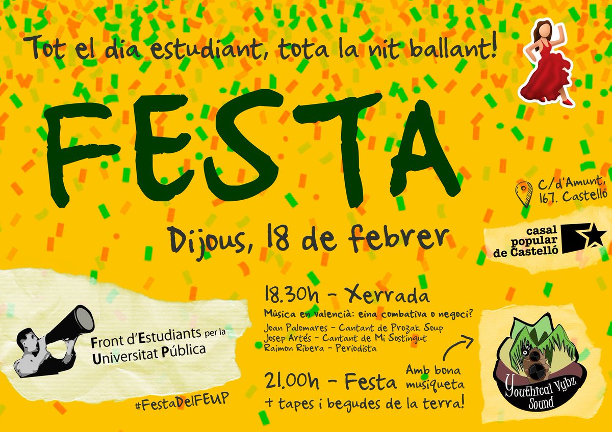 FEUPUJI's tweet photo. S'apropen les festes populars a Castelló i des del FEUP organitzem una festa estudiantil al @CasalPopularCS! https://t.co/yeJOSjlrDz