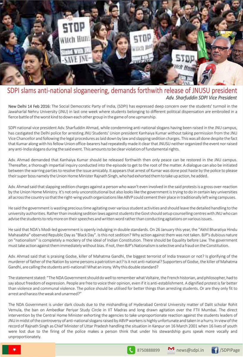 sdpikarnataka's tweet photo. SDPI slams anti-national sloganeering, demands forthwith release of JNUSU president -Adv.Sharafuddin (Vice President https://t.co/MA9dH8GiqS