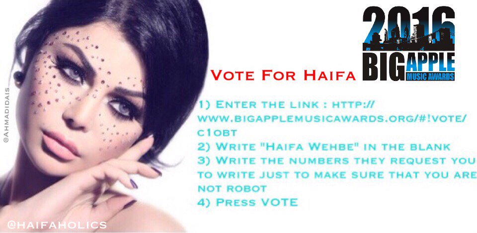 Haifaholics's tweet photo. To Vote For Haifa To Win The Big Apple Music Awards Plz Follow These Steps :👇
https://t.co/uJBbta6Wq7
#VoteForHaifa https://t.co/lypTRF913D