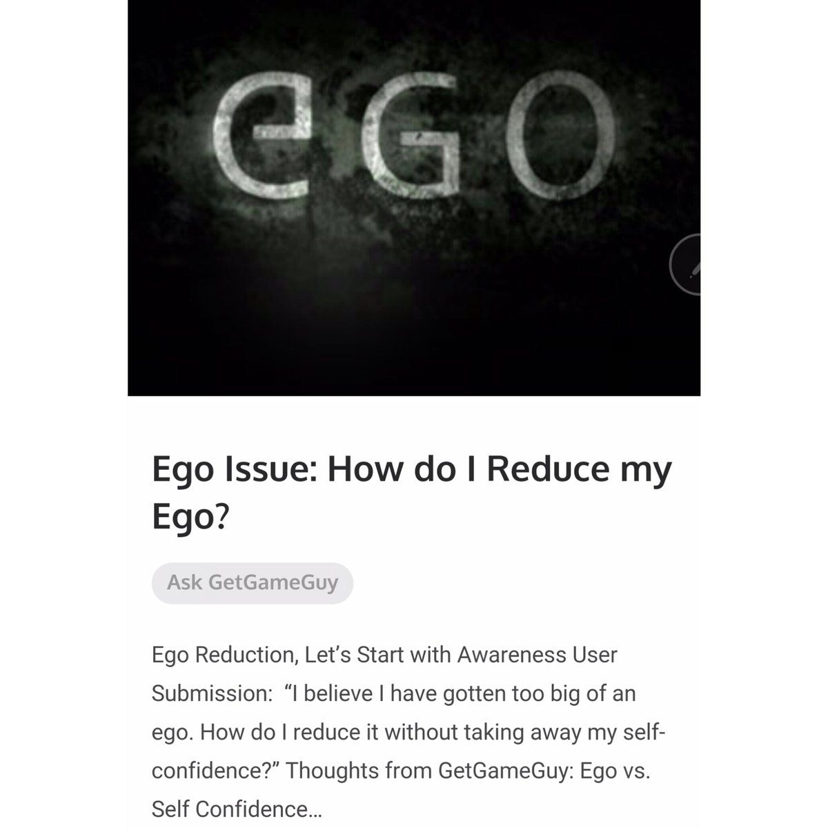 GetGameGroup's tweet photo. "How Do I Reduce My Ego?" #GGGuy advises. #AskGGGuy #GetGame #EgoReduction https://t.co/sSFWYQDjDY https://t.co/muWF0xPNnV